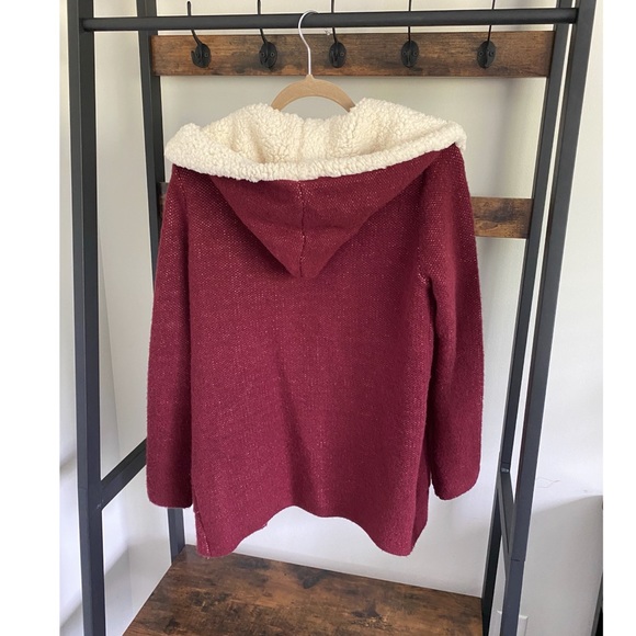 Hooded, Open Front Burgundy Cardigan - Picture 2 of 3